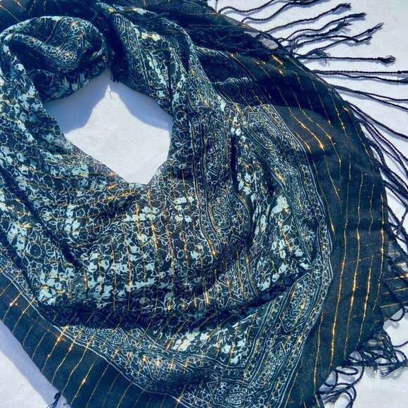 Black and Silver with Gold Metallic Pinstripe Scarf with Fringe - Picture 6 of 7